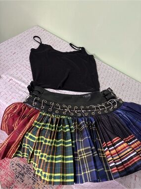 SHEIN Punk Goth Plaid Ring Pleated Skirt Harajuku Alt Grunge Size L